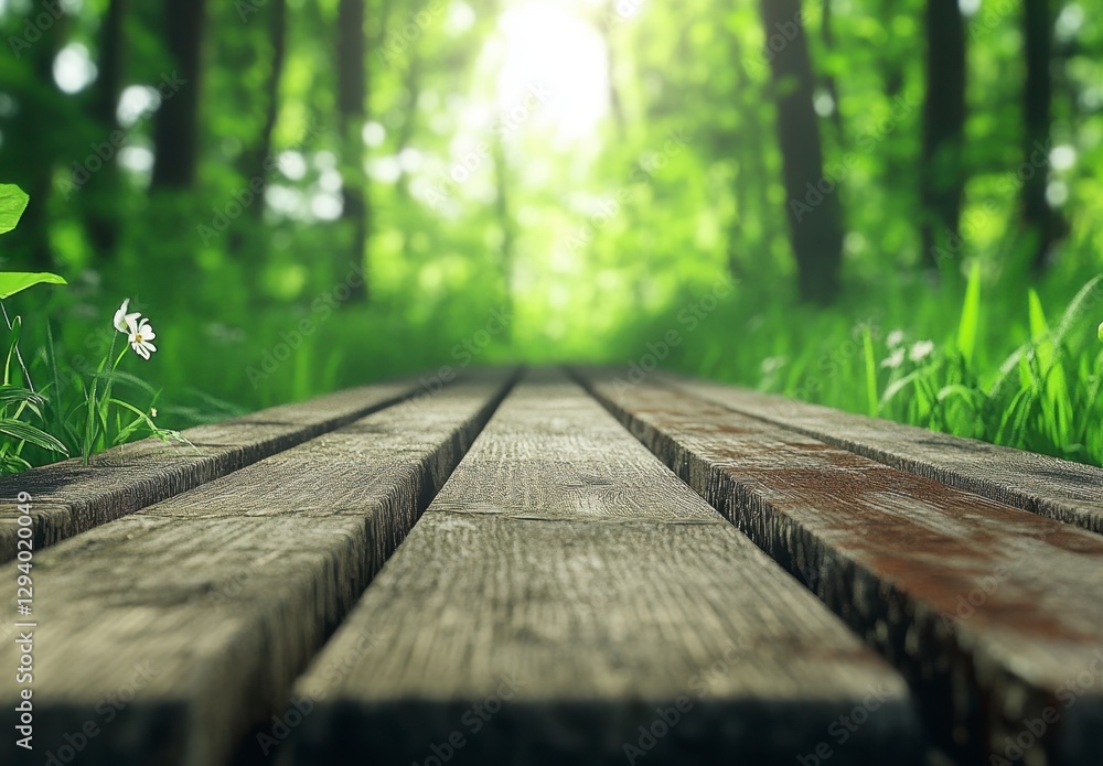 Wooden path through a sunlit green forest. Lush grass and white wildflowers border the aged, weathered planks. Sunlight filters through the trees Wooden path through a sunlit green forest. Lush grass and white wildflowers border the aged, weathered planks. Sunlight filters through the trees