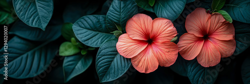 Wallpaper Mural Two Coral Blossoms on Emerald Foliage, Botanical Beauty, for Naturalistic Art & Flora themed decor Torontodigital.ca