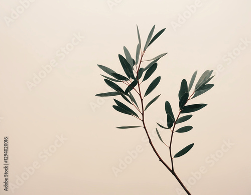 Obraz na płótnie olive branch minimalistic picture. leaves on branch in front of beige background w salonie
