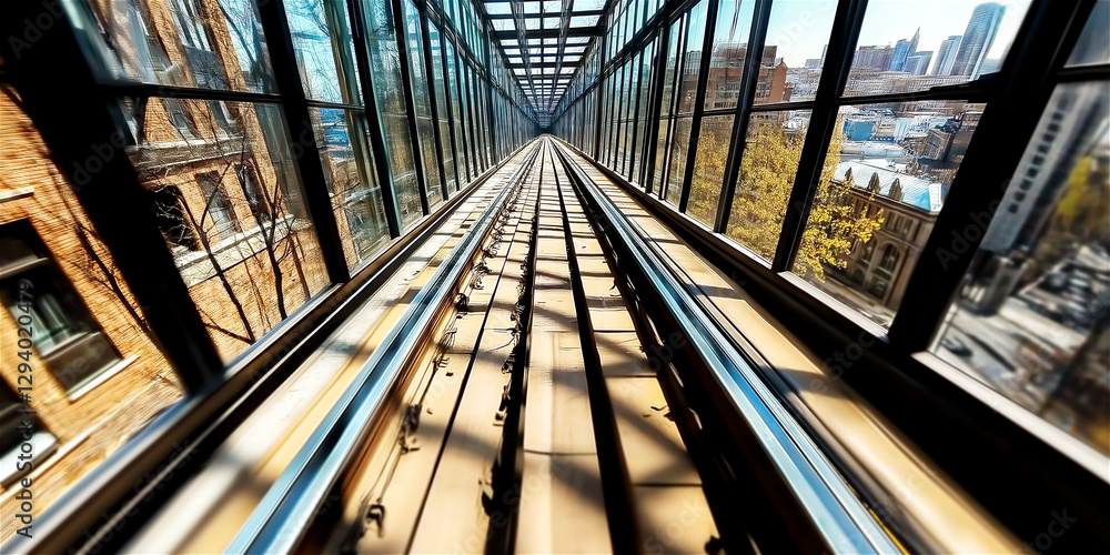 An urban shot showing a modern elevator shaft looking down. The image highlights urban architecture, technology, and the feeling of modernity and movement. An urban shot showing a modern elevator shaft looking down. The image highlights urban architecture, technology, and the feeling of modernity and movement.