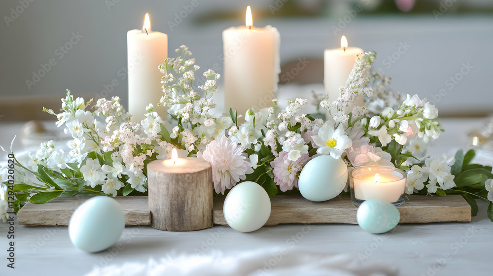 Simple Easter table arrangement with rustic candles, delicate floral accents and soft pastel hues Simple Easter table arrangement with rustic candles, delicate floral accents and soft pastel hues