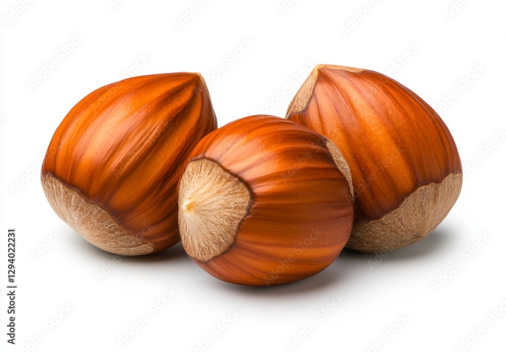 Three hazelnuts on white background. Close up studio shot of brown nuts with textured shells. High quality image ideal for food, health, or nature Three hazelnuts on white background. Close up studio shot of brown nuts with textured shells. High quality image ideal for food, health, or nature