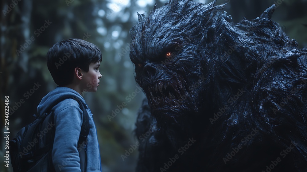 A young boy looks at a frightening beast with glowing eyes A young boy looks at a frightening beast with glowing eyes