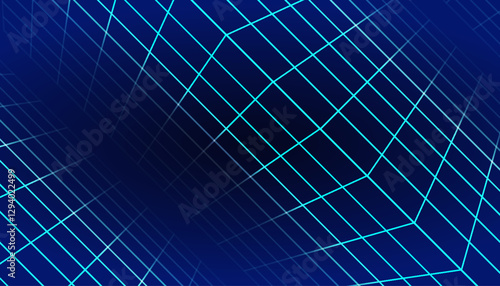 Retro futuristic neon grid background with glowing blue lines. 80s cyber aesthetic, perfect for technology, gaming, and digital desig