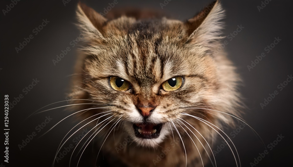 Fototapeta premium Angry Cat Intensely Staring into Camera, Expressing a Fierce Mood in a Minimalist Setting, Showcasing Textures of Fur and Whiskers with Vibrant Eyes, Capturing the Essence of a Frustrated Feline