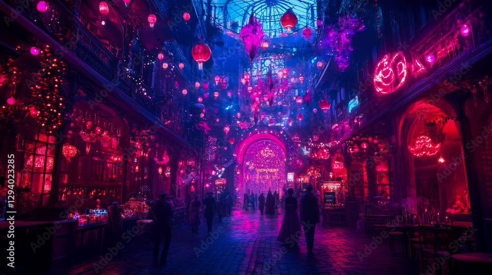 Winter Holiday: A celebratory illuminated market place with vibrant decorations & people silhouettes, ideal for festive season promotion, card, poster. Winter Holiday: A celebratory illuminated market place with vibrant decorations & people silhouettes, ideal for festive season promotion, card, poster.