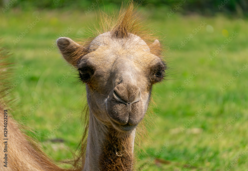 Obraz premium portrait of a lying camel from the front with its head and neck visible. portrait of a lying wild animal