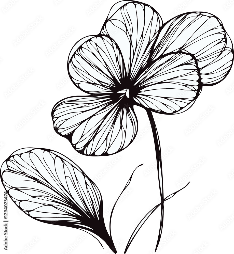 Fototapeta premium PNG Hand drawn pansies sketch, Violet Wittrock buds flower, leaf, set of spring flowers vector, illustration outline drawing, botanical black and white line art, lineart leaves and stems in engraving