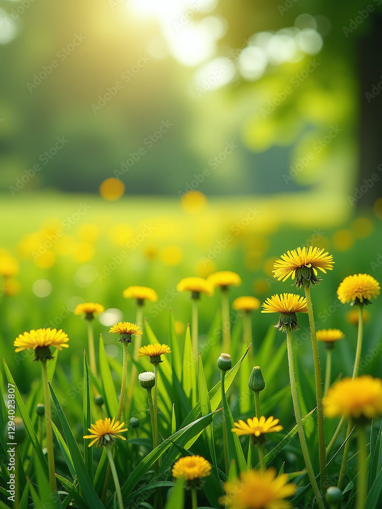 Obraz premium A Vibrant Spring Landscape Features A Lush Green Field With Bright Yellow Dandelions And A Long Banner Against A Natural Backdrop Of Flowers.