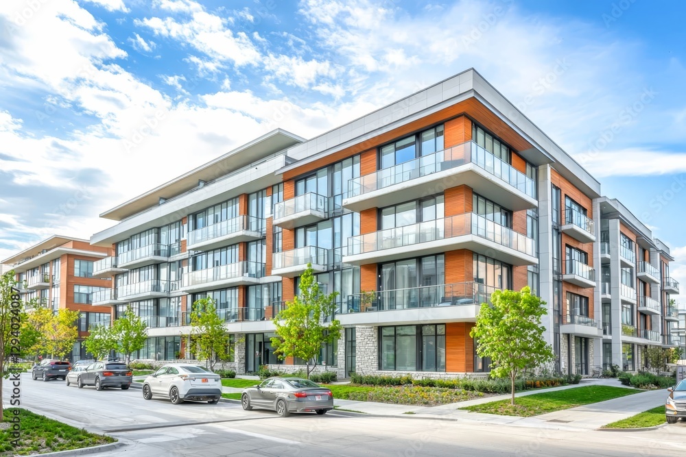 Naklejka premium Contemporary apartment building with glass balconies and sleek modern design.