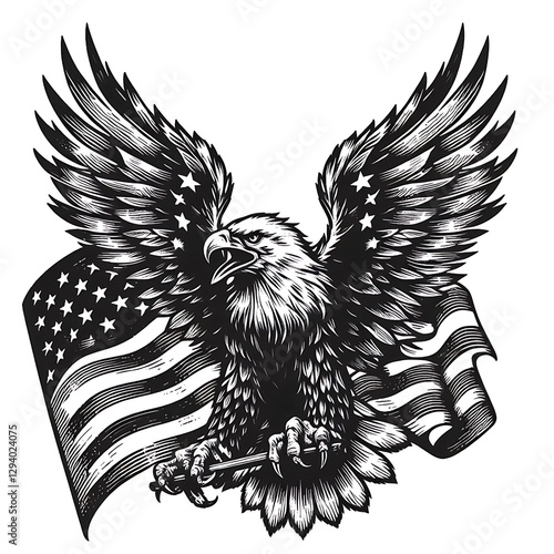 Powerful eagle with American flag.