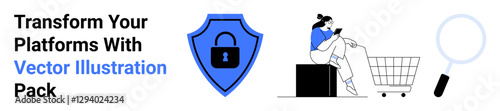 Lock icon highlights cybersecurity, user browsing on phone, shopping cart, and magnifying glass emphasize secure online shopping. Ideal for e-commerce, data protection, digital services, customer