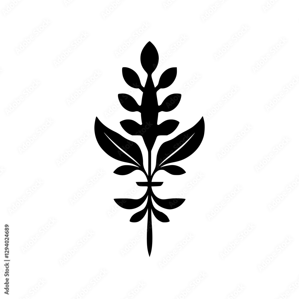 Elegant black silhouette of a symmetrical stylized leaf design against a white background. Elegant black silhouette of a symmetrical stylized leaf design against a white background.