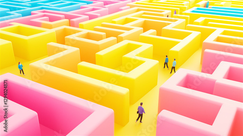 A colorful maze with tiny figures walking through it. The maze represents a challenge or problem-solving process.