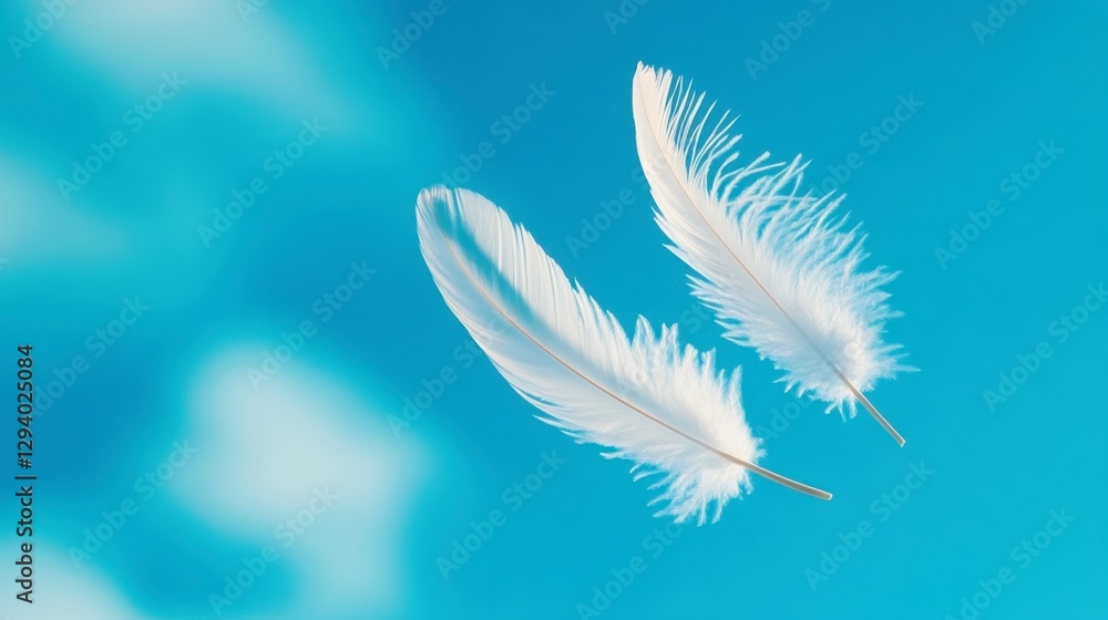 Naklejka premium Two white feathers float against a light blue, blurred background, suggesting lightness and serenity