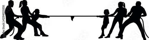 Silhouette of two families tugging on a tug of war