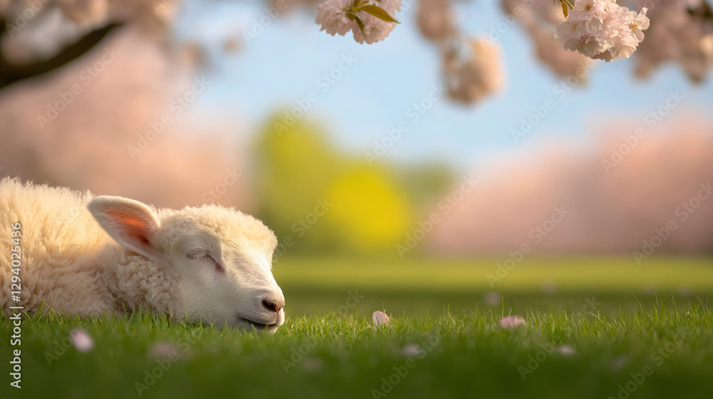Obraz premium A young lamb lies comfortably on lush green grass, nestled beneath a canopy of vibrant cherry blossoms in full bloom. The gentle warmth of spring enhances the serene atmosphere