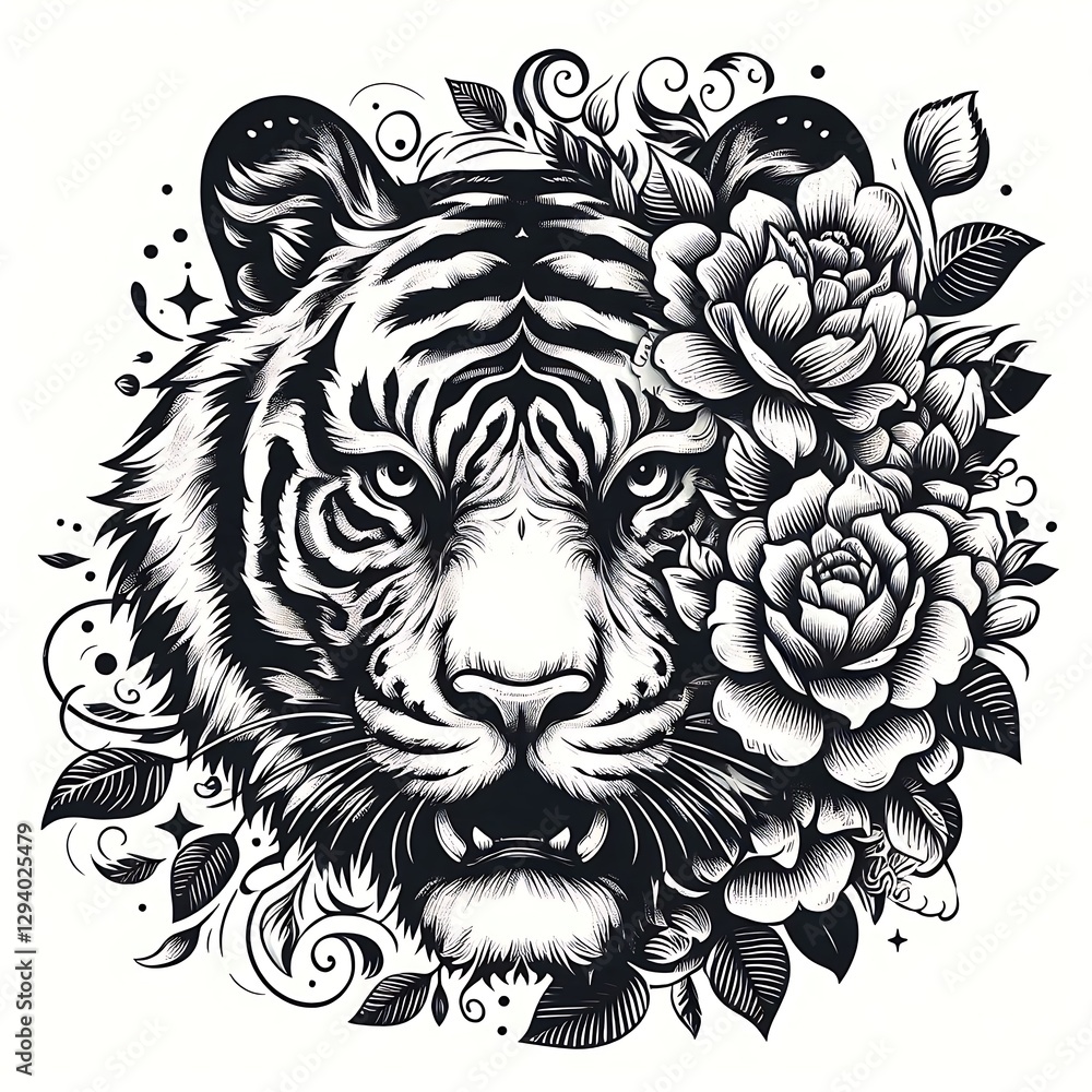 Fototapeta premium Elegant tiger head illustration with ornate floral design.