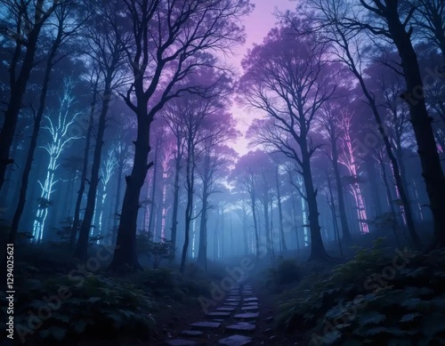 A mystical bioluminescent forest awash in ethereal auroral hues
