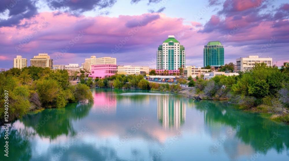 City skyline reflected in calm water at sunset, pastel pink and purple clouds, lush green vegetation in foreground. Modern architecture, tranquil City skyline reflected in calm water at sunset, pastel pink and purple clouds, lush green vegetation in foreground. Modern architecture, tranquil