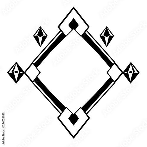 Geometric black and white diamond design with an internal rhombus in a symmetrical arrangement, simple lines on a white background.