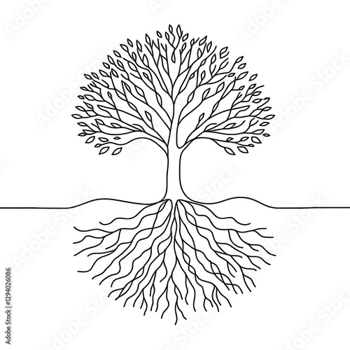 Abstract illustration of a tree with its roots, minimalist design.