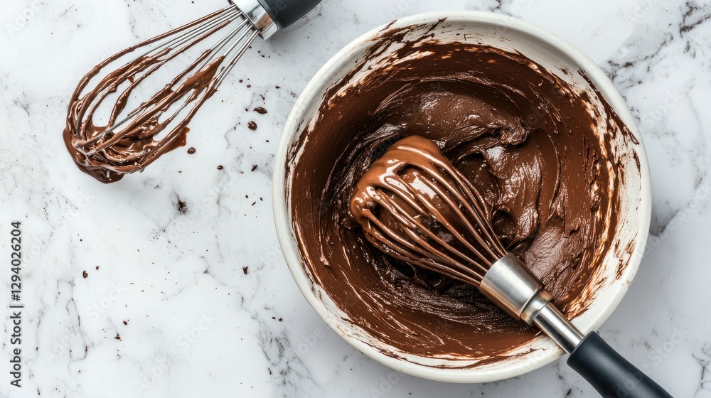 Fototapeta premium Hand mixer with beaters covered in chocolate batter resting on a marble countertop.