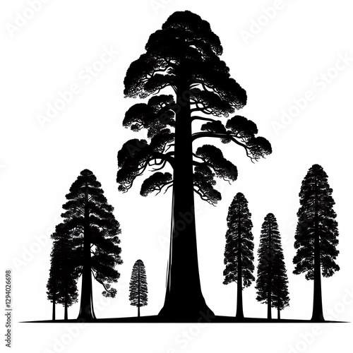 Silhouettes of giant sequoia trees against white background.
