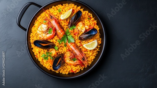 Overhead shot of a paella dish in a black pan, featuring vibrant yellow rice, succulent shrimp, mussels, and lemon wedges. The dark background
