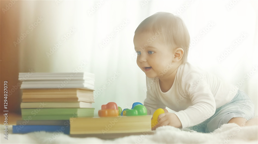 Baby exploring educational toys and books while lying on soft white surface, showcasing early childhood development and learning through play. Natural lighting enhances peaceful learning environment. Baby exploring educational toys and books while lying on soft white surface, showcasing early childhood development and learning through play. Natural lighting enhances peaceful learning environment.