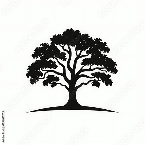 Silhouette of a large, full, mature oak tree with a wide canopy and defined trunk and roots.
