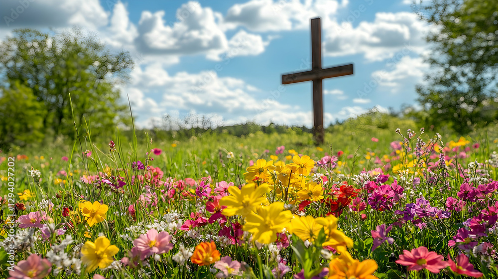 Vibrant spring meadow filled with colorful flowers, a wooden cross standing tall in the background Vibrant spring meadow filled with colorful flowers, a wooden cross standing tall in the background
