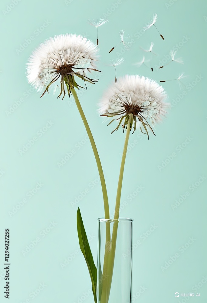 Ein zarter Strauß aus Pusteblumen in einer schlichten Glasvase. Die filigranen Samenstände wirken leicht und luftig, symbolisieren Vergänglichkeit und Schönheit. Generative KI. Ein zarter Strauß aus Pusteblumen in einer schlichten Glasvase. Die filigranen Samenstände wirken leicht und luftig, symbolisieren Vergänglichkeit und Schönheit. Generative KI.