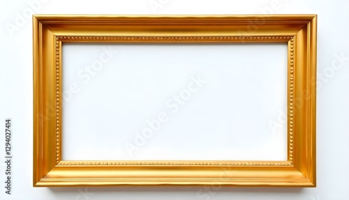 Un marco de fotos dorado, horizontal y vacío con un fondo blanco. El marco está hecho de un material dorado brillante y reflectante