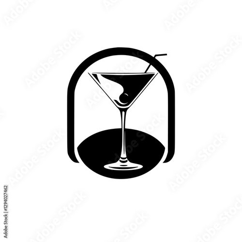 Cocktail Hour: Minimalist martini glass with cherry, stylized as a logo in black and white.