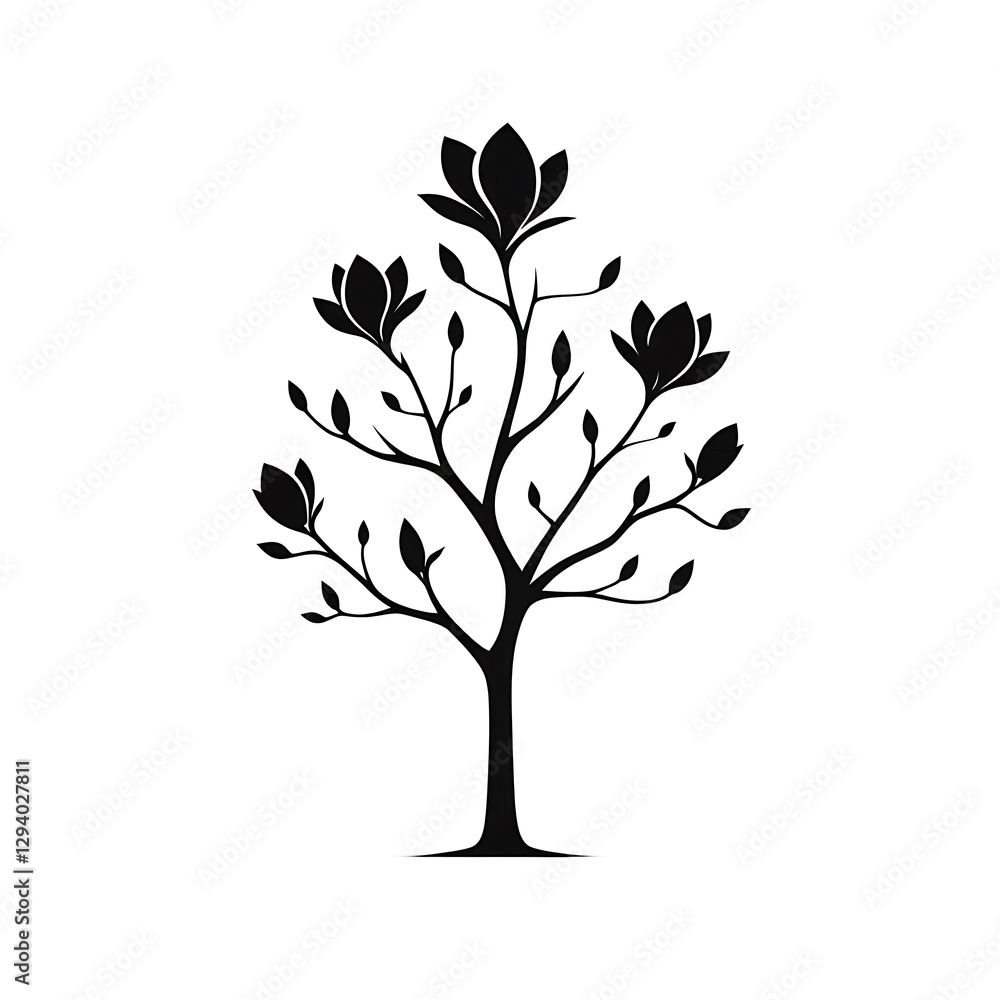 Obraz premium Silhouettes of magnolia tree with flowers and leaves.