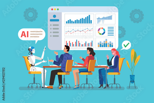 Businesspeople having meeting with ai robot analyzing charts and data