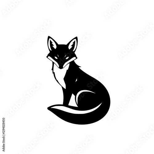 Black and white minimalist fox illustration of a sitting fox in a centered frame with a white background.