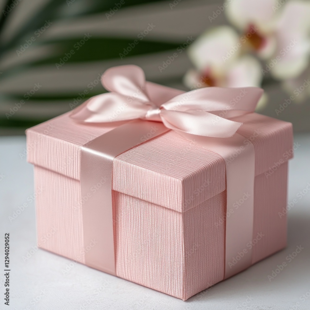 Obraz premium Pink Gift Box with Ribbon, Orchids in Background
