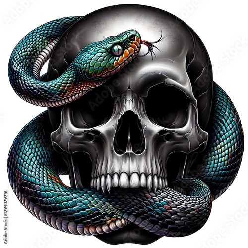 Intricate graphic design of a skull with a vibrant green and teal snake coiled around it.