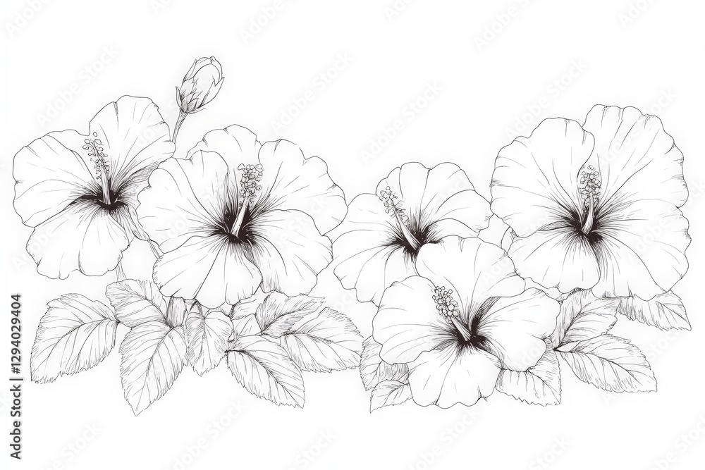 Naklejka premium Elegant Line Art Hibiscus Flowers: Botanical Print for Decor