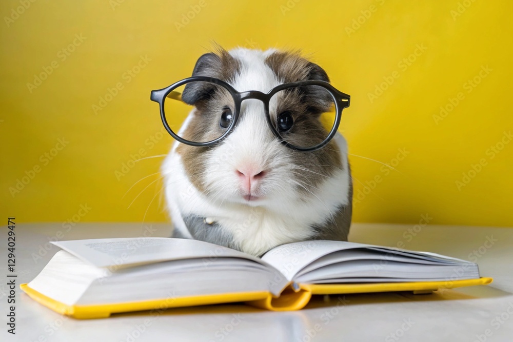 Education and reading. A funny little guinea pig in round glasses reads a book on a yellow background. Education and reading. A funny little guinea pig in round glasses reads a book on a yellow background.
