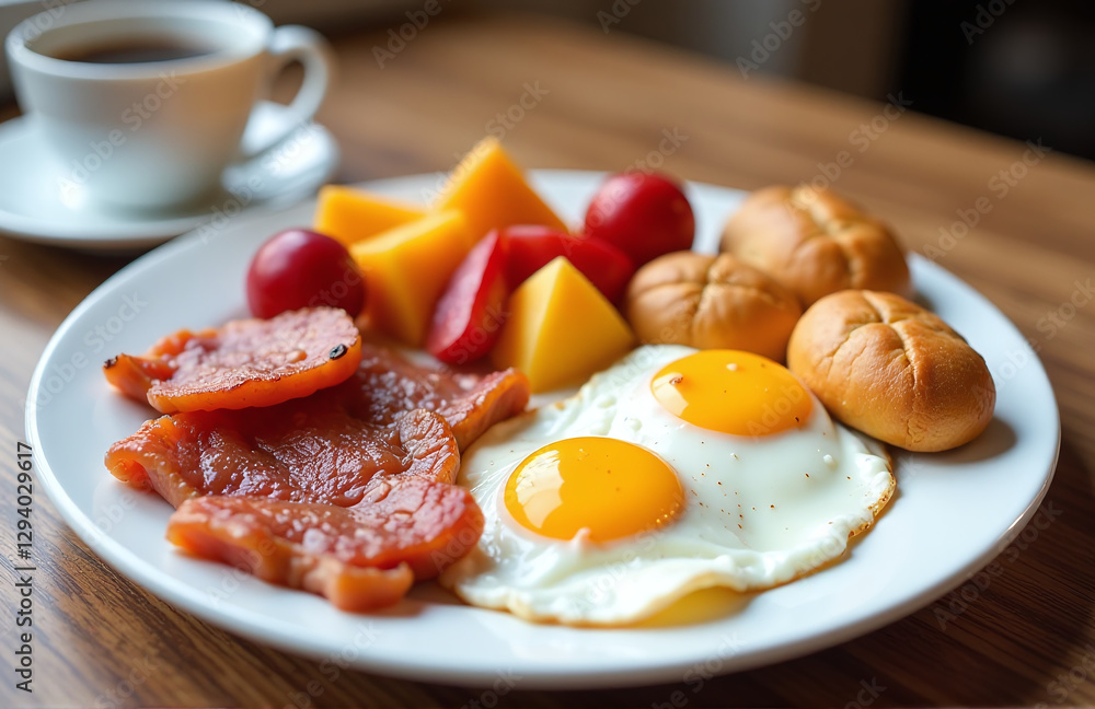 A Standard Breakfast Setting Typically Consists Of A Variety Of Foods Such As Eggs, Meat, Fruits, And Pastries On A Single Plate. A Standard Breakfast Setting Typically Consists Of A Variety Of Foods Such As Eggs, Meat, Fruits, And Pastries On A Single Plate.