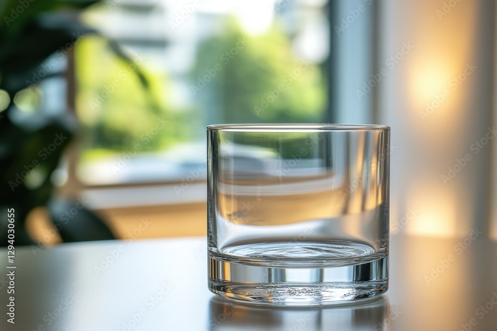 Elegant empty glass tumbler on table with blurred green plant and window background creating a serene and modern ambiance perfect for minimalist design Elegant empty glass tumbler on table with blurred green plant and window background creating a serene and modern ambiance perfect for minimalist design