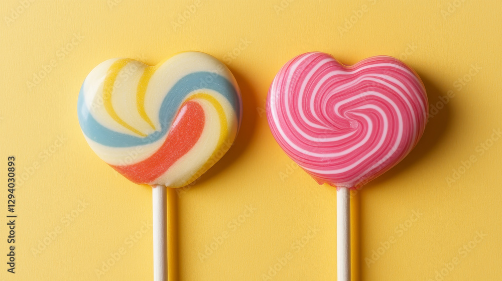 Two glossy candy lollipops in heart and circle shape on sticks. Sweet treats, romantic gift, sugary snack vector illustration. Two glossy candy lollipops in heart and circle shape on sticks. Sweet treats, romantic gift, sugary snack vector illustration.