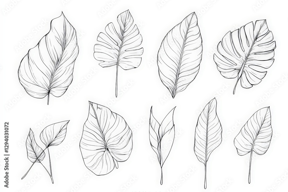 Obraz premium Elegant Tropical Leaf Line Art: 12 Botanical Illustrations for Design