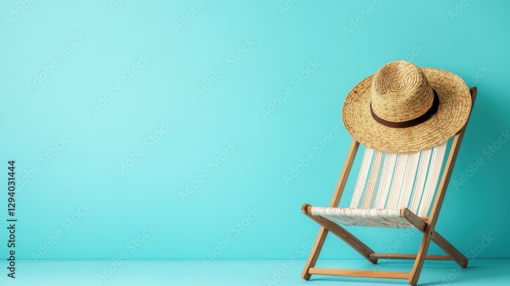 Minimalist Summer Getaway Straw Hat on Beach Chair Against Serene Blue Backdrop Vacation Concept