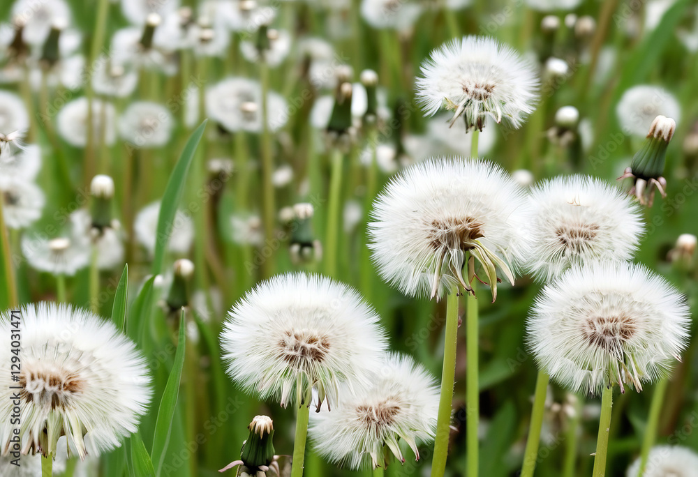 Ein zartes, illustratives Motiv mit weißen Pusteblumen auf einer grünen Wiese. Leicht, verträumt und ideal als Kartenmotiv oder für Naturillustrationen. Generative KI. Ein zartes, illustratives Motiv mit weißen Pusteblumen auf einer grünen Wiese. Leicht, verträumt und ideal als Kartenmotiv oder für Naturillustrationen. Generative KI.