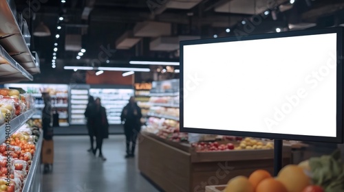 blank advertising go inside a supermarket next to fruits and vegetables