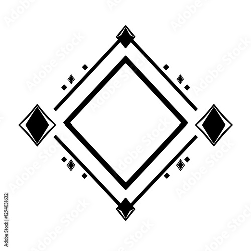 Black and white geometric design of concentric squares surrounded by additional decorative elements